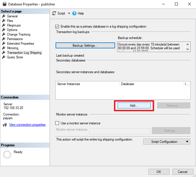 Add subscriber for the SQL Server Transaction Log