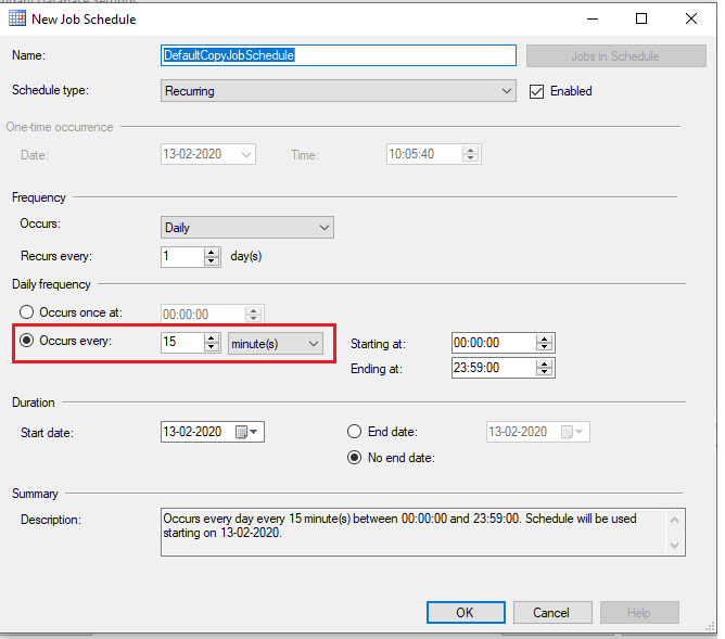 Configure job for Secondary database