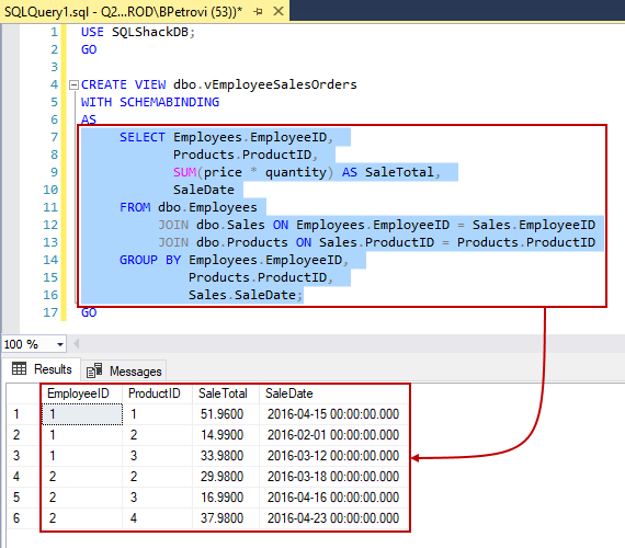 CREATE VIEW SQL statement with successfully executed SELECT part showing data returned in SSMS's result grid pane