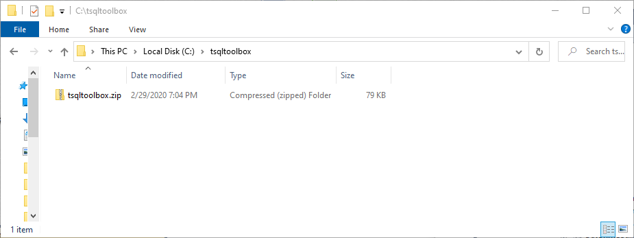 Downloaded tsqltoolbox.zip file in a host directory. This file has a script to build the T-SQL Toolbox database.