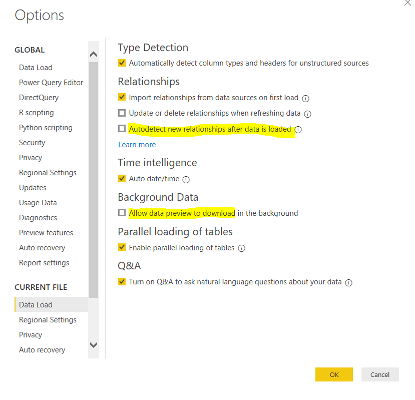 Editing setting in the Data Load options