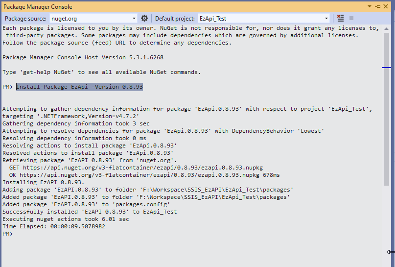 Package manager console output