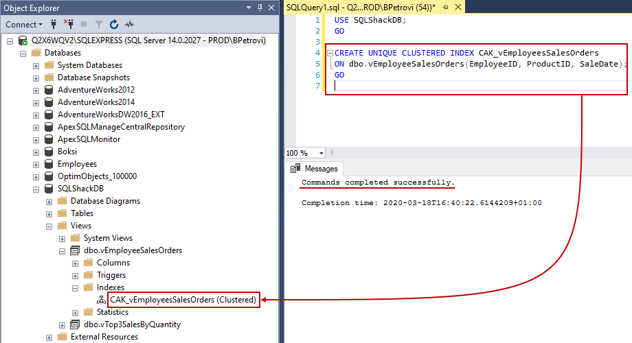 Successfully executed script for creating a unique clustered index on a view shown in SSMS's Object Explorer