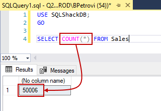 Successfully executed SELECT statement showing the count of all records in a table