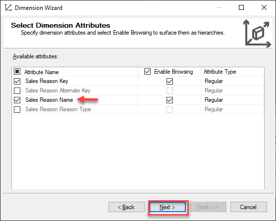 Selecting Dimension Attributes for DimSalesReason