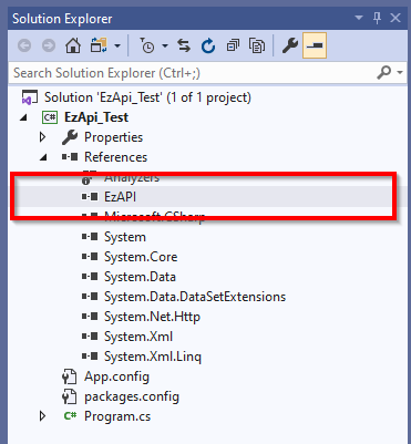 Showing EzApi class library within the project reference