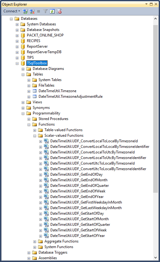 The Object Explorer shows the T-SQL Toolbox database tables and functions.