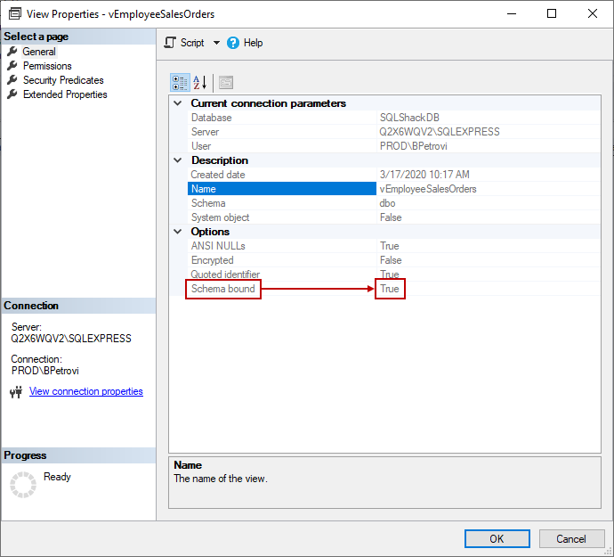 View Properties window of the view that was previously created using the CREATE VIEW SQL statement showing Schema bound option set to True 