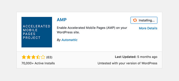 由Automattic开发的AMP在WordPress插件搜索结果中。