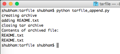 python tarfile append