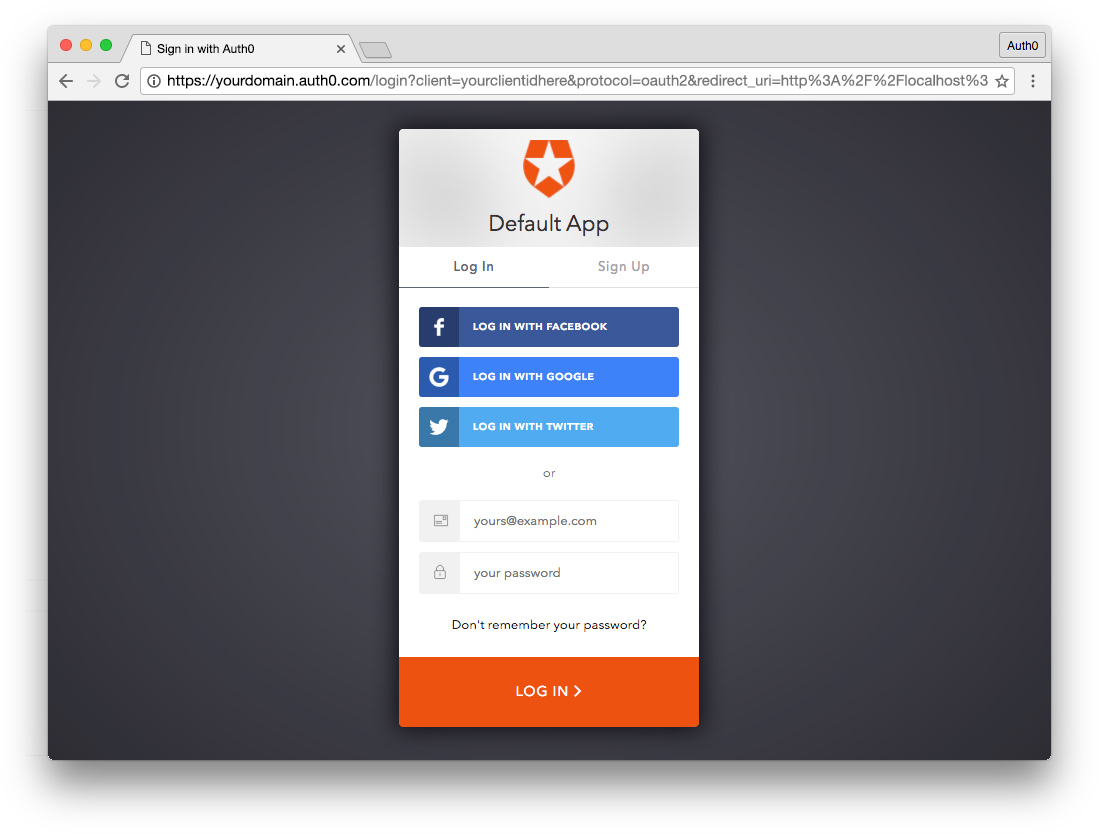 Auth0 hosted login screen