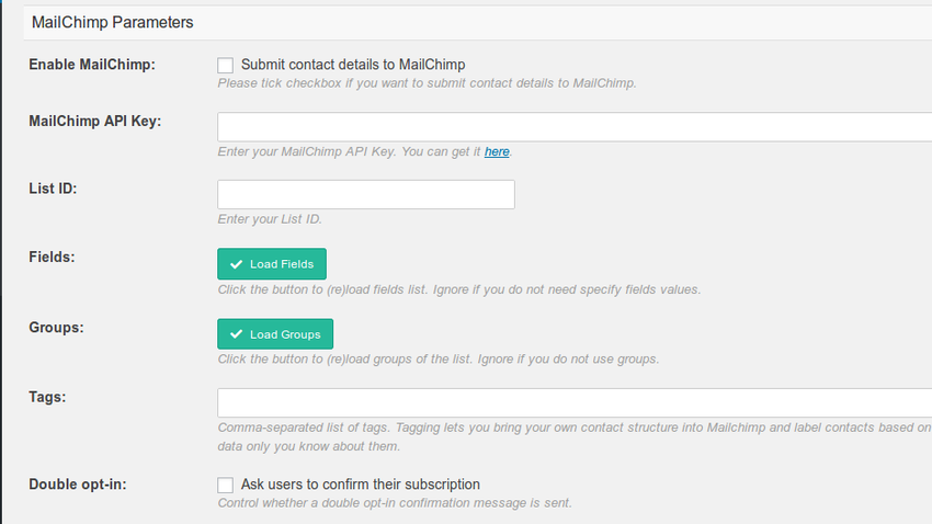 集成选项，包括MailChimp API密钥