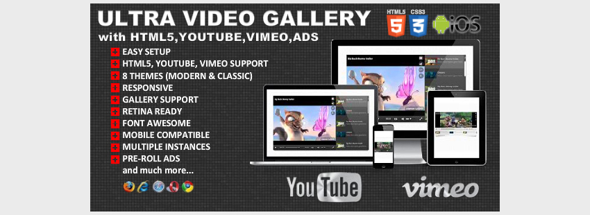 带有Youtube Vimeo HTML5广告的Ultra Video Gallery
