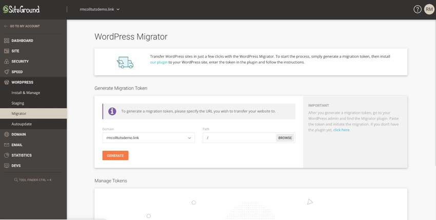 WordPress migrator screen in SiteGround