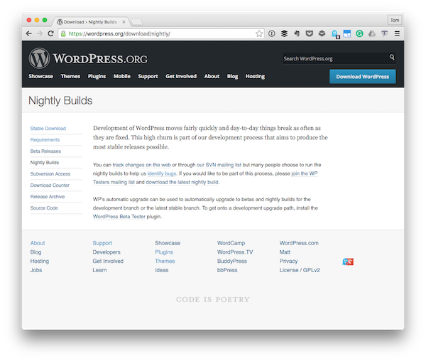 WordPress项目的Nightly Builds页面