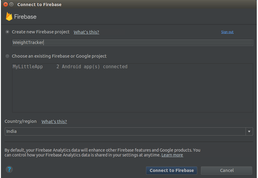 Connect to Firebase dialog