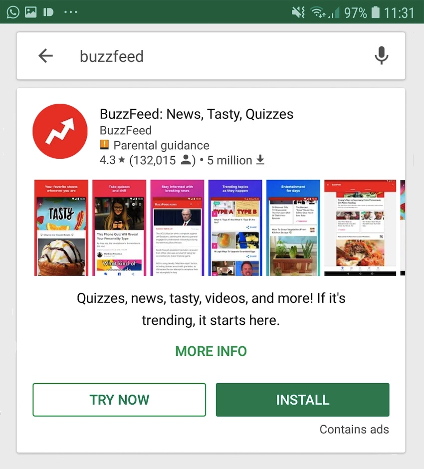 BuzzFeed应用是Android Instant App的一个示例