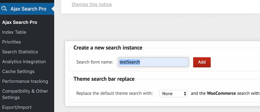 通过从WordPress左侧菜单中选择Ajax Search Pro创建搜索实例