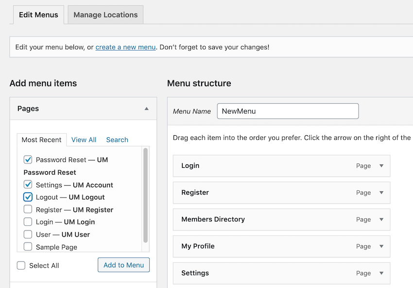 选择要添加到WordPress菜单中的所有目的地