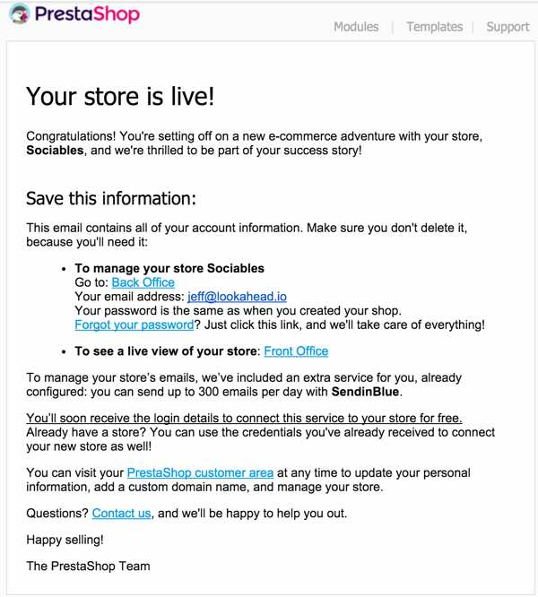 PrestaShop-您的商店是实时电子邮件