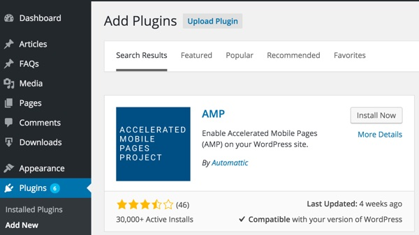 AMP for WordPress-搜索AMP插件并安装按钮