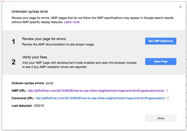 AMP for WordPress-Google Search Console中AMP错误的页面详细信息