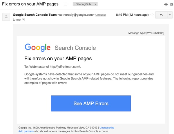 AMP for WordPress-来自Google Search Console的电子邮件