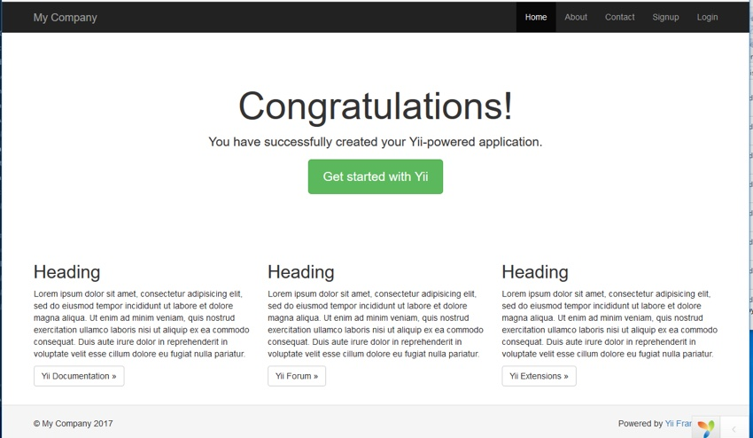 在Windows或Mac上安装Yii-您的Yii网站恭喜您获得默认首页