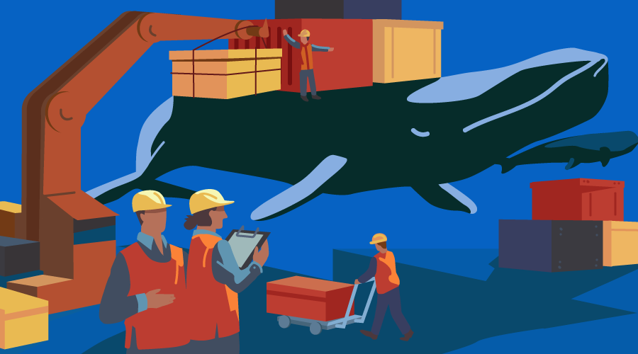 一队工人用起重机将容器装到鲸鱼的背上。 Kubernetes和Docker。