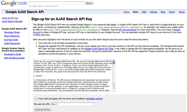 Google AJAX Search API Sign Up