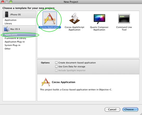 New Project wizard in Xcode. Choose Mac OS X, Cocoa application template