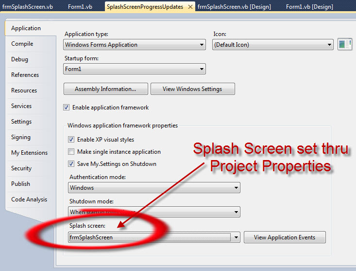 Splash Screen set via Project --> Properties