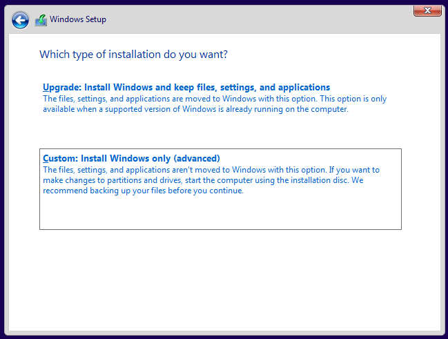 Select type of Windows installation