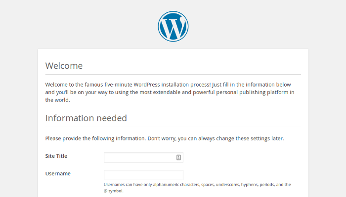 WordPress site setup screen