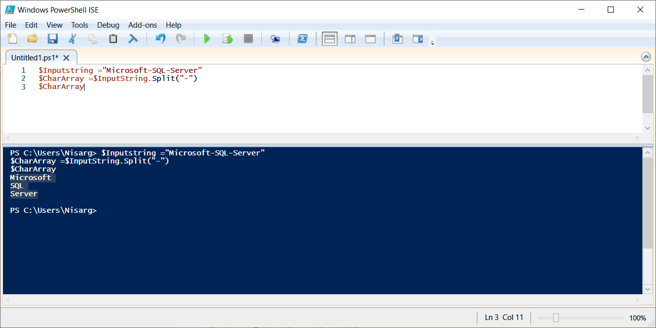 PowerShell script to split string into an array using .split()