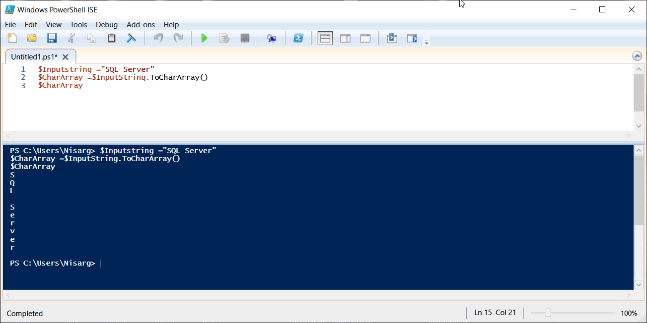 PowerShell script to split string into an array using .ToCharArray()