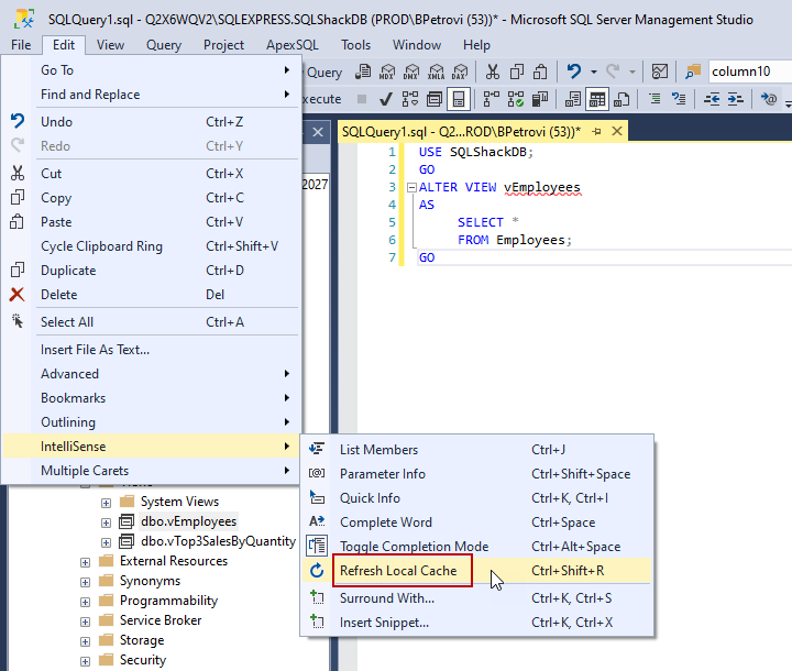 The Refresh Local Cache option for refreshing the IntelliSense cache in SSMS's main menu
