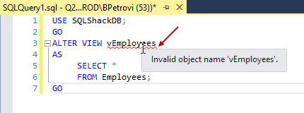 CREATE VIEW SQL statement in the query editor for altering view's definition showing an invalid view name