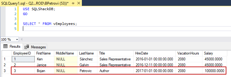 Executed SELECT statement using the view as the source in the FROM clause and highlighting the new record returned