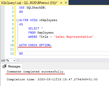 Successfully executed CREATE VIEW SQL statement for altering view's definition and adding the WITH CHECK OPTION