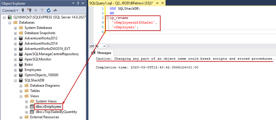 Successfully executed script for renaming a view in SSMS showing the new name in Object Explorer