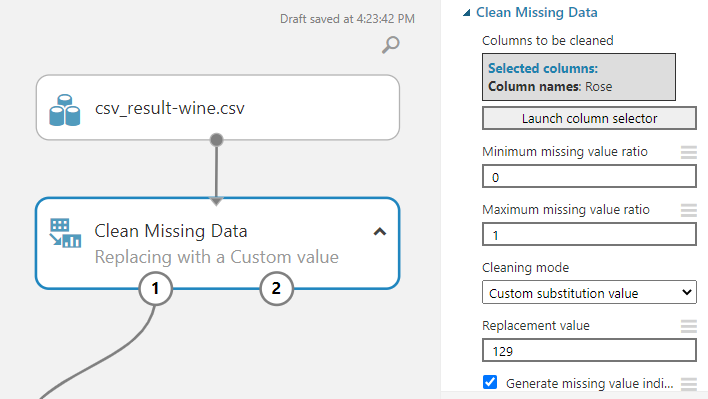 Configuring Clean Missing Data with custom substitution value. 