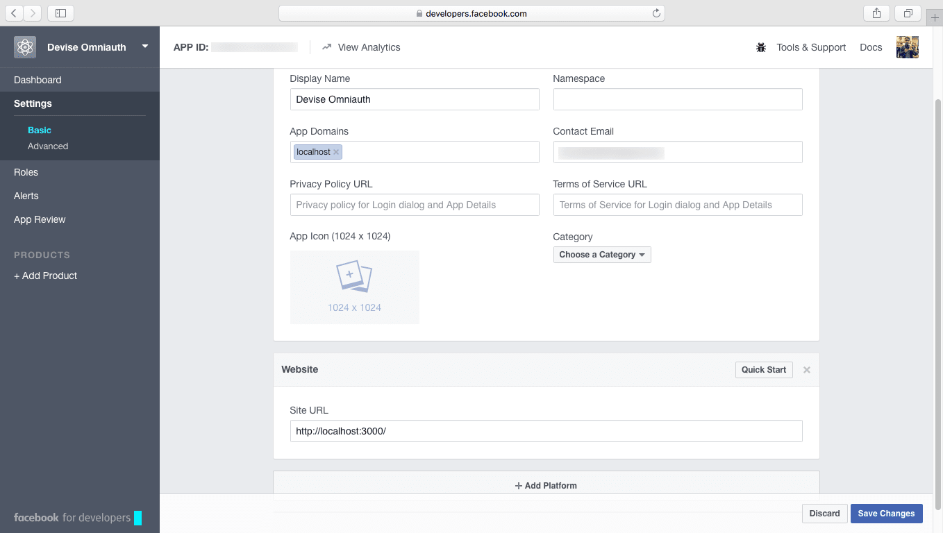 Facebook Application Basic Settings