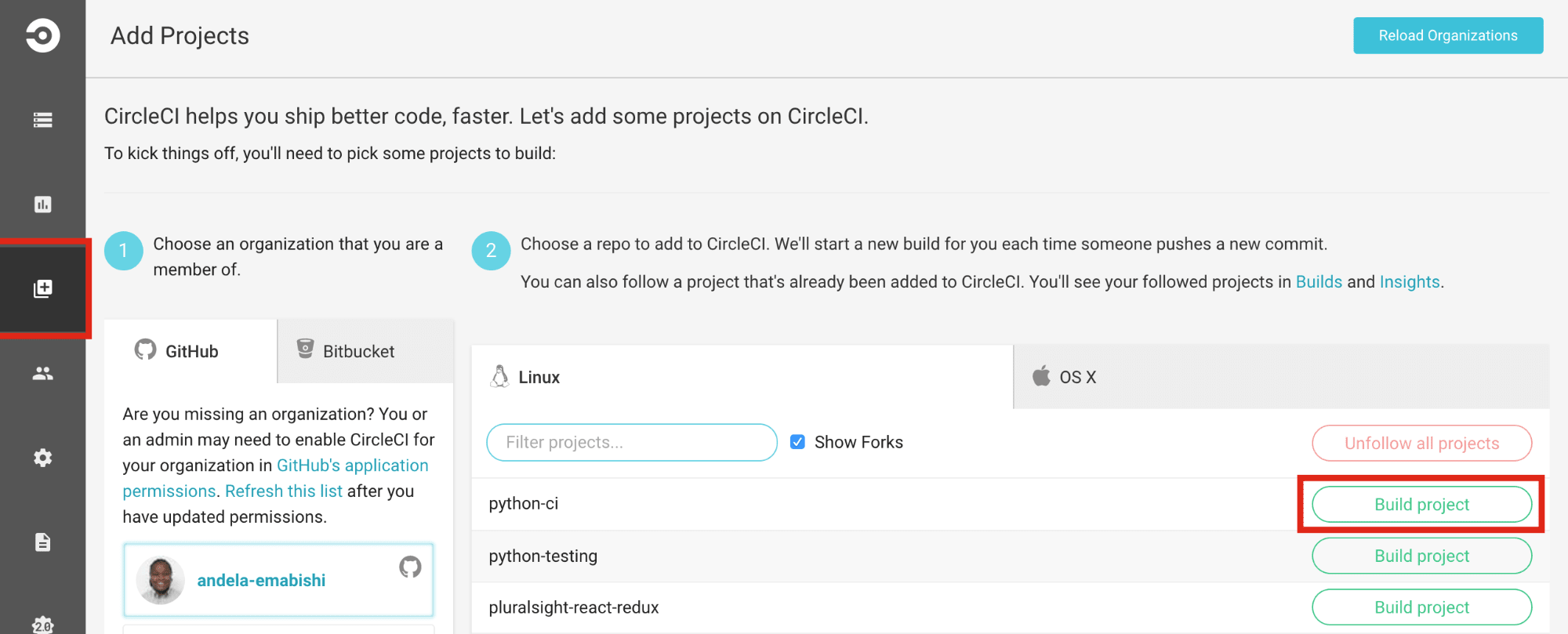 Circle CI projects page