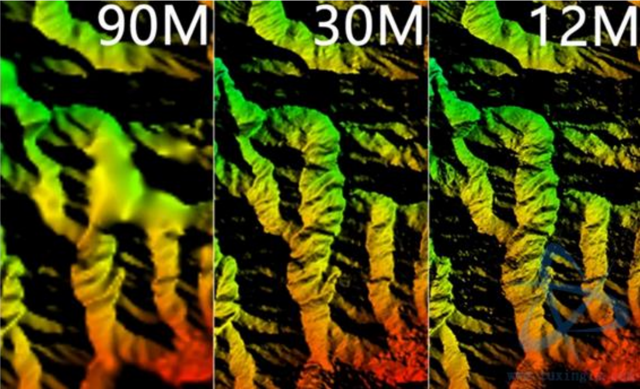 90米、30米、12米DEM对比图