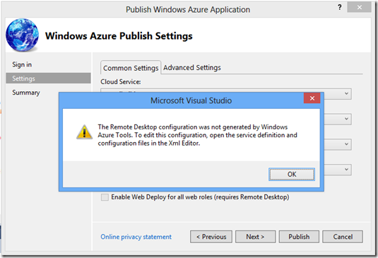 解决Azure “the remote desktop configuration was not generated by windows azure Tools”问题 [Debug]