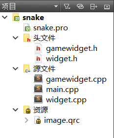 snake.pro为配置文件，widget为父窗口相关文件，gamewidget为子窗口相关文件