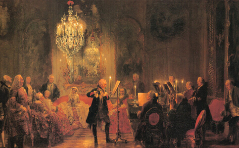 《笛子演奏会》，1852年，阿道夫·门采尔，德国，142cm×205cm ，布，油彩，柏林国家美术馆藏