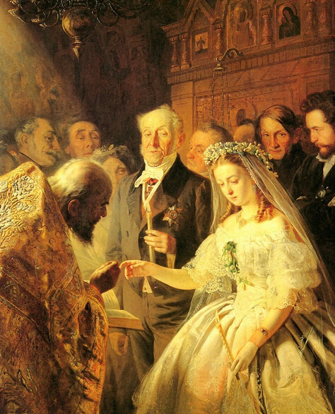 《不相称的婚姻》，1862，普基寥夫，（1832－1890），俄国，173cm×136.5cm，现藏于特列恰柯夫美术馆
