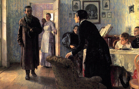 《意外归来》，约1882，伊里亚·叶菲莫维奇·列宾，俄国，油画 ，160.5×167.5厘米，苏联特列恰柯夫美术馆